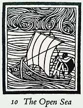 a man with black skin standing with a staff in the stern of a small sailing boat, which has eyes either side of the bows; he wears a cloak. Waves and sky swirl around and above. Beneath the illustration are the words "10 The Open Sea"
