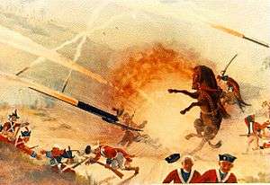 painting depicting attack by modern weapon resulting in army getting blasted