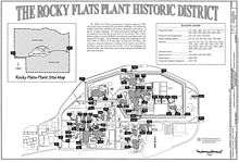 A map bearing the title "Rocky Flats Historic District." An overall map of the main production site and the relatively large surrounding buffer zones is shown in the inset, with most of the image showing a more detailed map of the facility's buildings (about 65 total).