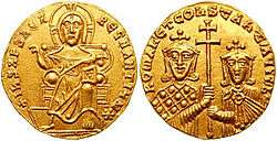 Obverse and reverse of a gold coin, showing Christ enthroned and two crowned rulers jointly holding a cross