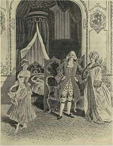 scene from operatic production, showing a man, woman and girl in 18th century costume