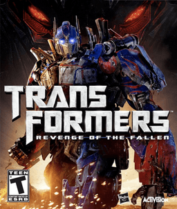 A battle-damaged Optimus Prime faces the camera's view. The words "Transformers: Revenge of the Fallen" are embossed on the center of the cover. Sparks are seen in the lower background. An ESRB rating of "T" sits in the lower left corner, with the Hasbro and Activision logos in the lower right.
