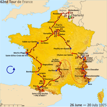 Map of France with the route of the 1975 Tour de France