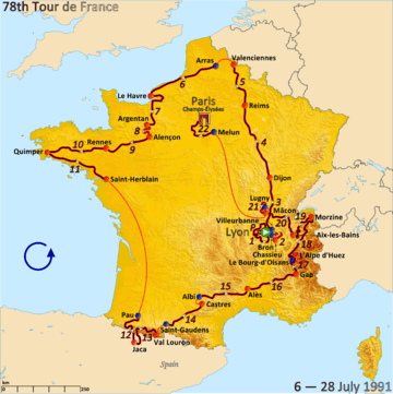 Map of France with the route of the 1991 Tour de France