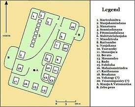 Map showing the layout of nearly twenty small structures within the compound