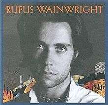 Black and white head shot of a man; in the background is a colorful collage and the text "Rufus Wainwright" appears across the top