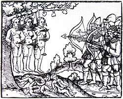 Printed woodcarving showing archers using hanged naked women as target practice. Beneath them lie the bodies of children, cut open.