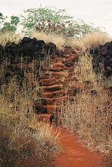 Photograph of ruined stone walls at the Russian Fort, almost overgrown by grasses, with a stone stairway and red earth path.