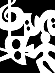 Black and white logo with symbols for music, art, drama, and dance