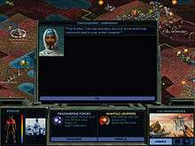 Horizontal rectangle video game screenshot that depicts a digital representation of an alien planet. In the foreground is a series of smaller screens that cover the majority of the image. The smaller screens have black backgrounds and display information about the game's current state as well as options to alter that state. In the background is a reddish-brown planetscape viewed from an isometric perspective. The planet is inhabited by small structures and life forms.