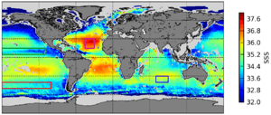 Global salinity map (Aug.–Sept. 2010 & 2011) produced by the ESA's Soil Moisture and Ocean Salinity satellite. Released 2012.