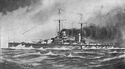 A pencil sketch of a dark-gray warship with two masts, two funnels, and four visible gun turrets at sea