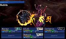 A screenshot of a battle between the player and two demons. The top two thirds of the screen shows the enemies from a first-person perspective, while the bottom third shows the names, portraits and statuses of the characters in the player's party.