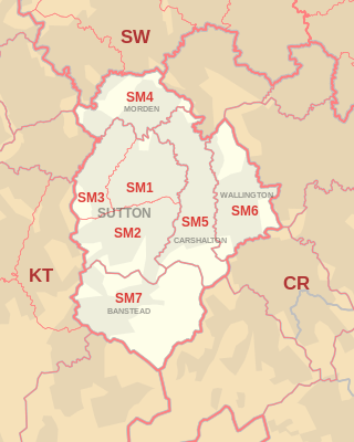 SM postcode area map, showing postcode districts, post towns and neighbouring postcode areas.