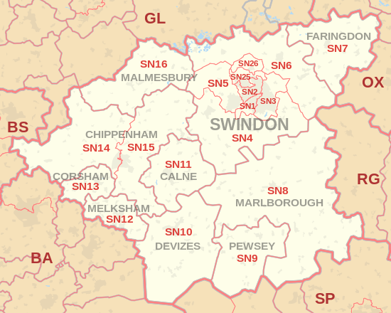 SN postcode area map, showing postcode districts, post towns and neighbouring postcode areas.