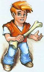 Artwork showing a young boy with piercing eyes, combed, orange hair and a neat style of dress including a white undershirt, red vest and jeans. In his right hand the boy holds a large bone resembling a human femur.