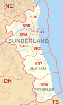 SR postcode area map, showing postcode districts, post towns and neighbouring postcode areas.