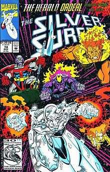Comic-book cover, with Silver Surfer being chased by other characters