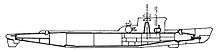 A line drawing of a submarine. From the bow, the hull curves to be flat before reaching a long sail; it then flattens again and continues to the stern of the ship.