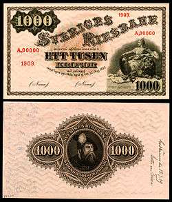 1909 specimen (with approval on the reverse) of a Sveriges Riksbank 1,000 kronor note.