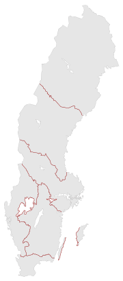 Map of Sweden showing the geographic boundaries appellate courts in Sweden.