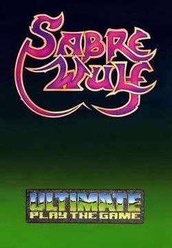 A plain, vertical cover with "Sabre Wulf" in stylized, purple, scripted lettering in gold outline, and the Ultimate Play the Game logo beneath it. The background is a gradient from black to light green.