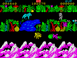 Atop a black background, dense and bright plant foliage mark borders around two horizontal paths. In the top path, drawn in black (negative) space, a blue, pixel art wolf faces a pith-helmeted person drawn in white (Sabreman). In the bottom row, a yellow spider, approaches a blob of graphical collisions. Bordering the bottom of the screenshot are purple and white mountains, and atop the screen are "1UP", "2UP", and "HI" with numbers indicating the players' and high scores.