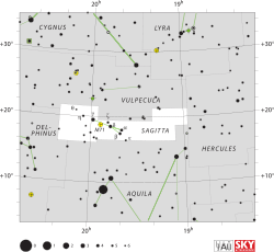 Diagram showing star positions and boundaries of the constellation of Sagitta and its surroundings