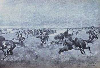 A black and white copy of a painting by C. Taylor of the moving "hollow box" during the 8 hour, 15 mile combat by Captain Armes and Company F of the 10th US Cavalry.