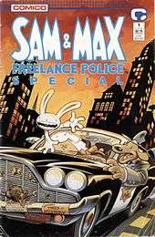 A anthropomorphic dog in a suit and fedora drives a police DeSoto through a cityscape, while an anthropomorphic rabbit climbs out the window. An array of dead insects and a rat have been collected on the car's grille. The title "Sam & Max" is displayed prominently, with "Freelance Police Special" below.