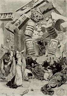 Press illustration of opera production, showing singer playing Samson demolishing the enemy temple
