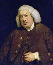 A half-length portrait of an elderly, and overweight, gentleman.  He wears a brown waistcoat and blazer, with gold buttons, a white collar, and a grey wig.  His left hand hovers close to his abdomen.  The background is a dark, solid blue/black.