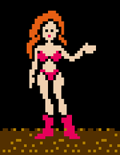 A zoomed in video game screenshot of a woman in a bikini. The image is low-detail and pixelated.
