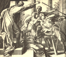 Engraving showing the King throwing his javelin at David