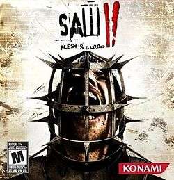 An image of the boxart which features a man's head inside a steel cage behind a mostly beige backdrop. The words "Saw II Flesh & Blood" are written above the man in black letters with a red "II", made to resemble finger streaks of blood. The cropped official North American box art