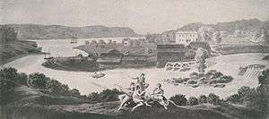 Illustration of a river, mills, and farmland