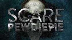 We see a concrete, blue-grey stained background, in which a distorted, skeleton-like face of PewDiePie is smiling viciously, with the words "Scare PewDiePie" overlapping his face in a gritty, metallic font.