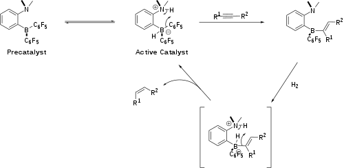 Mechanism for hydrogenation of alkynes using FLPs