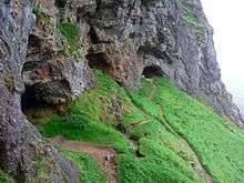 The entrances to several small caves sit at the base of a rock cliff. Below the entrances the slope is grass-covered and braided with small paths.