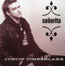 A young man sitting, his back to the wall, facing to his right. He is wearing a T-shirt with a black jacket. The word "Señorita" is written in black bold font. In capitals, the name "Justin Timberlake" is written in white font.