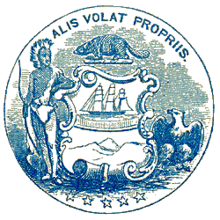 A blue seal that contains a Native American, a beaver, a ship, an eagle, five stars along the bottom, and the Latin phrase Alis Volat Propriis across the top.