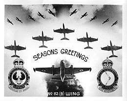 Card featuring sixteen images of twin-engined jet aircraft, along with two military crests and the word "Seasons Greetings" and "No. 82 (B) Wing)"