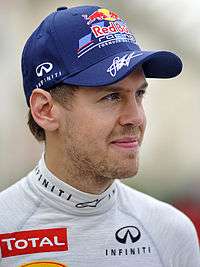 A picture of Sebastian Vettel donning Red Bull Racing attire.