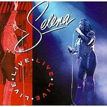 An artwork that contains two photographs of a Latina singer live in concert. On the left side, while she holds a microphone, she is waving to her fans smiling, and the background is red. On the right side, the woman is singing a sad tune, while her hands are outwards from her body; the backgroung is blue. At the far left bottom, the words "Live" is written in a circle, repeated four times.
