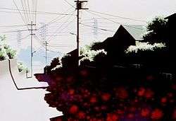 A suburban scene on a sunny day, showing houses and telegraph poles, but the shadows contain unnatural red splotches.