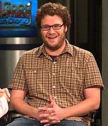 A Caucasian male wearing dark glasses, brown, curly hair, and a brown beard. He is sitting on a chair, laughing, wearing a yellow buttoned shirt.