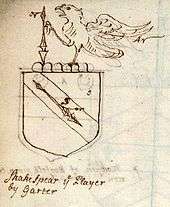 Drawing of a coat of arms with a falcon and a spear.