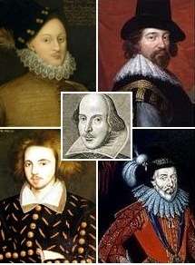 Portraits of Shakespeare and four proposed alternative authors.