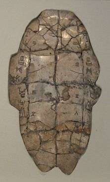 An off-white, ovular turtle shell with an inscription in ancient Chinese