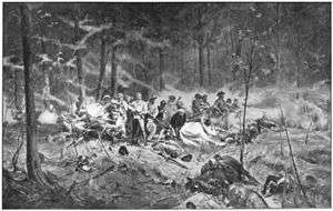 Late Victorian-era battle scene with a row of colonial-looking figures facing the viewer, surrounded by fallen horses in the middle of a thick wood. Many of the men wear slouch hats; all brandish bolt-action rifles, standing in a row as if awaiting an unseen enemy.